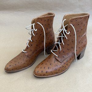 NEW Freda Salvador Tan Ostrich Leather Lace-Up Ankle Booties